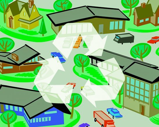 Illustration of suburb with recycle logo
