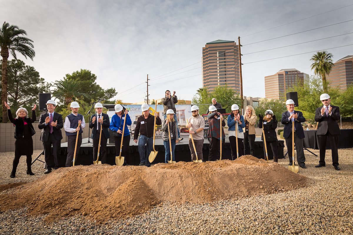 Denise D. Resnik, First Place Founder; and Phoenix Mayor Greg Stanton join adults with autism in breaking ground on First Place-Phoenix. (R to L) Arizona Department of Housing Director Michael Trailor; First Place Capital Campaign Cabinet Member and former ULI Arizona Board Chair John Graham; and First Place Board Chair Sara Dial also break ground with First Place Transition Academy participants. (Photo credit: Stephen G. Dreiseszun/Viewpoint Photographers)