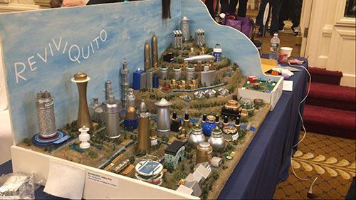 The Veritas Homeschoolers’ Future City model, ReviviQuito, imagines what Quito, Ecuador, might look like in 100 years under their plan. The model is made largely with cast-off parts. (Photo by Kendra Penningroth/Cronkite News)