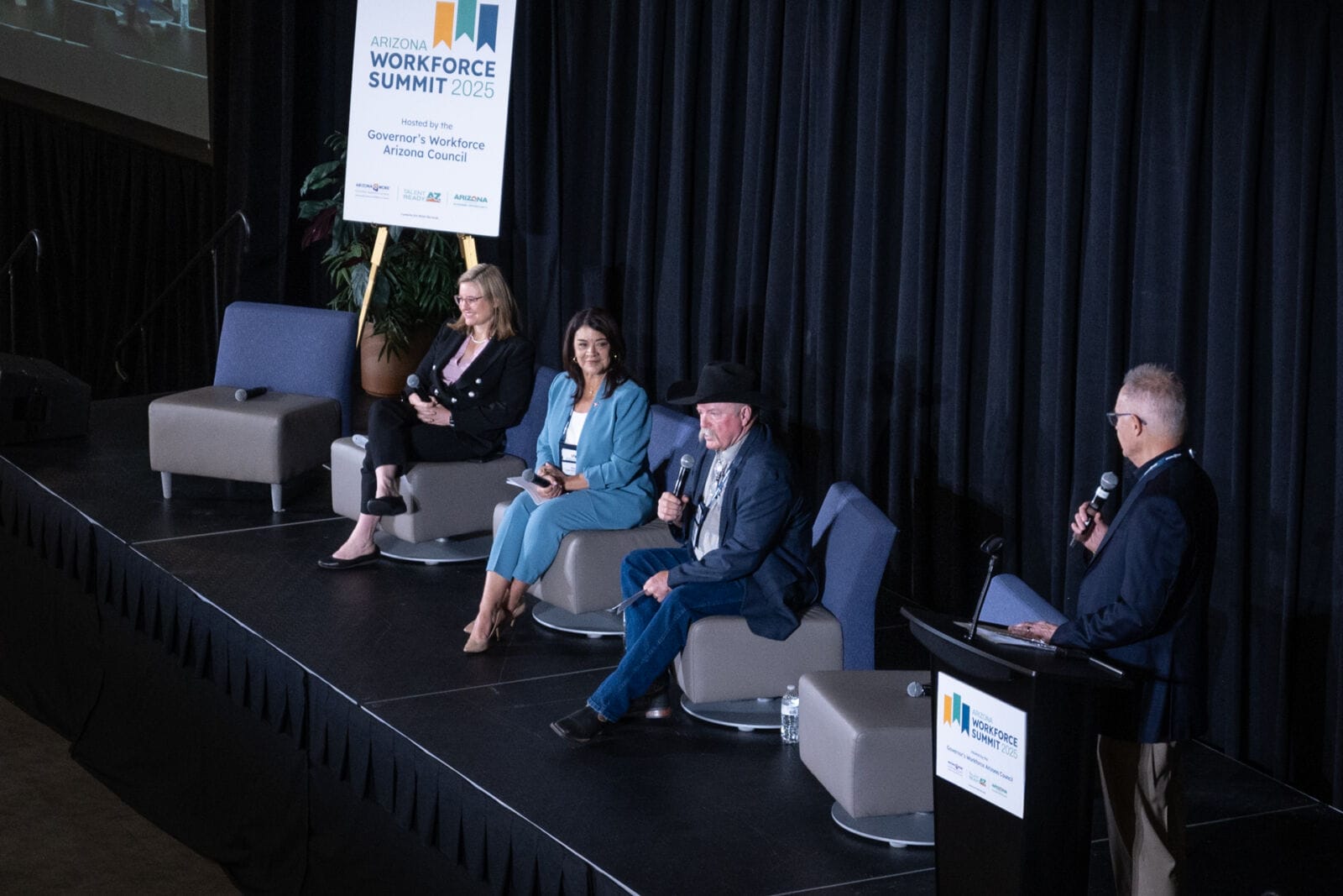 A panel moderated by Greg Barr with speakers Supervisor Woody Cline, Mayor Lisa Fitzgibbons and Mayor Kate Gallego discusses workforce policy in regions across Arizona
