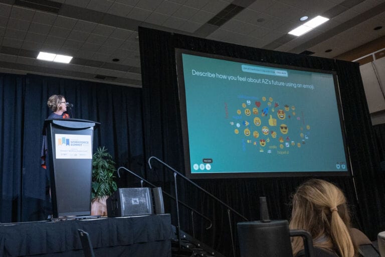 At the Office of Economic Opportunity Workforce Summit attendees were asked to share how they felt about workforce using an emoji which was projected on a screen