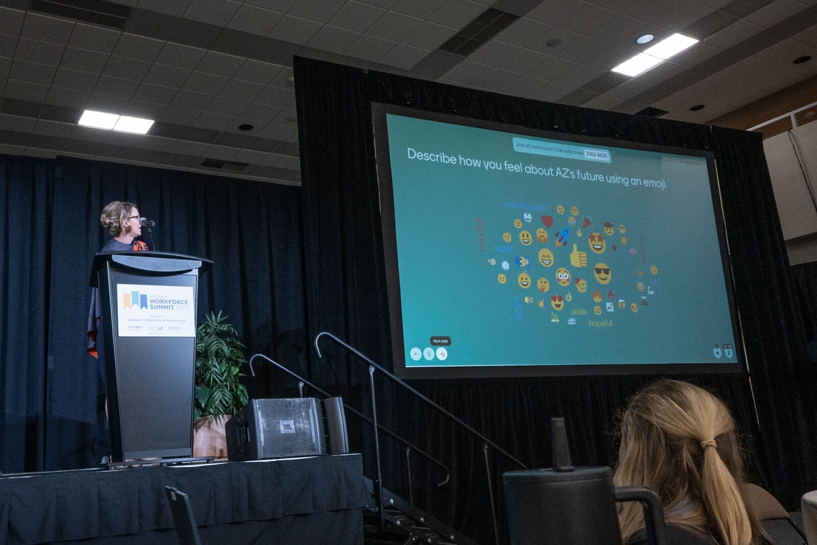 At the Office of Economic Opportunity Workforce Summit attendees were asked to share how they felt about workforce using an emoji which was projected on a screen