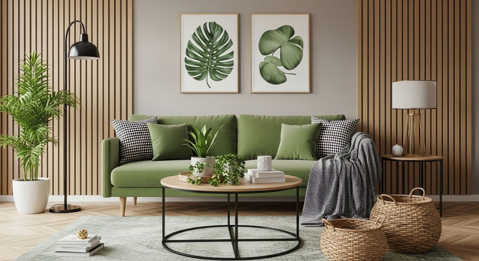 Modern living room interior with green sofa botanical art wood slat wall round coffee table houseplants and woven baskets in soft natural light