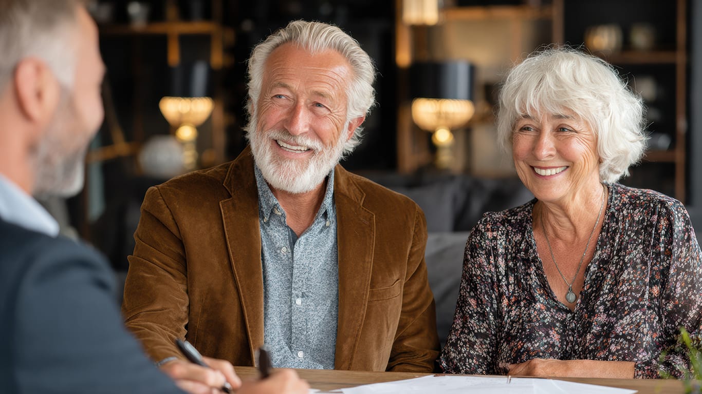 An estate planning attorney talks with an older couple about their will in a warm law office setting focused on estate documents.