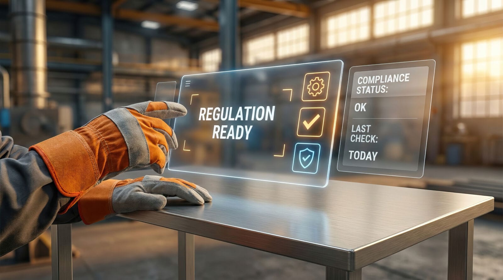 Worker using gloved operation on rugged industrial HMI panel.