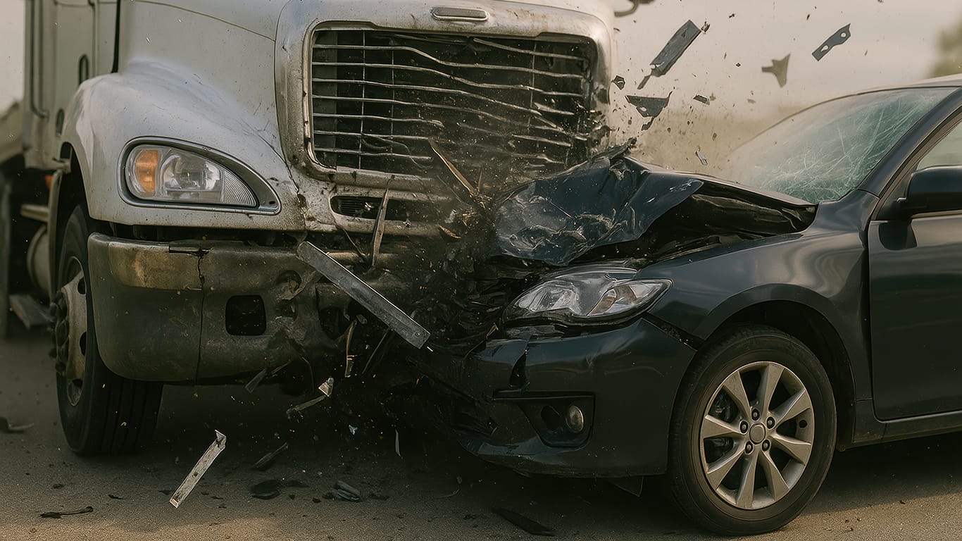 Dramatic collision between large semi truck and car on highway.