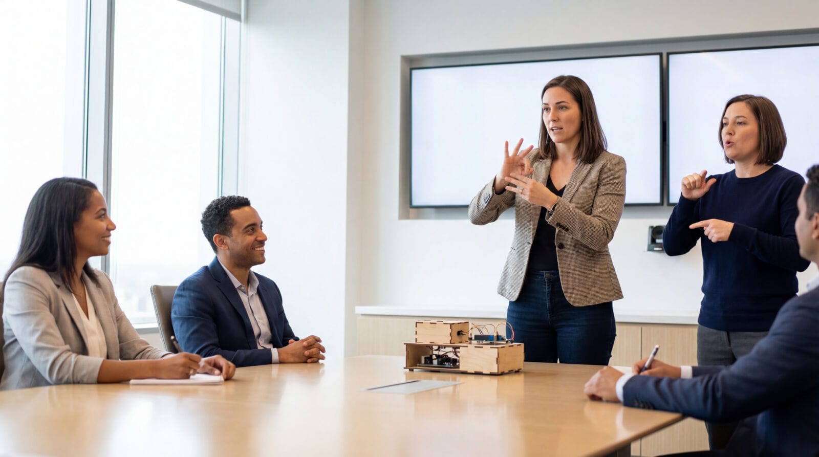 Business presentation using sign language with interpreter during meeting promoting workplace accessibility inclusive communication collaboration training deaf awareness corporate culture.