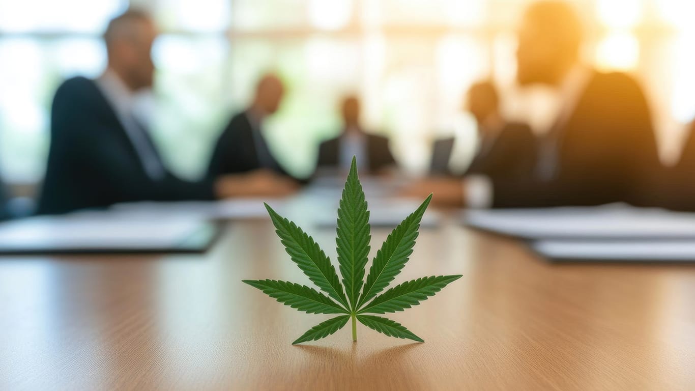 Cannabis leaf on office table: business and industry meeting concept.