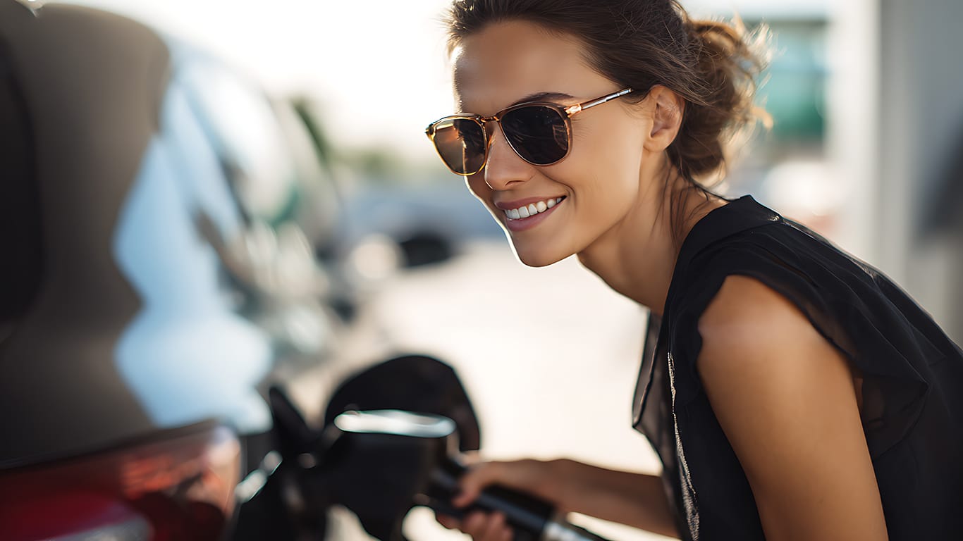 A radiant young woman in stylish sunglasses holds a fuel pump, her face lit with a cheerful smile at an outdoor roadside station.