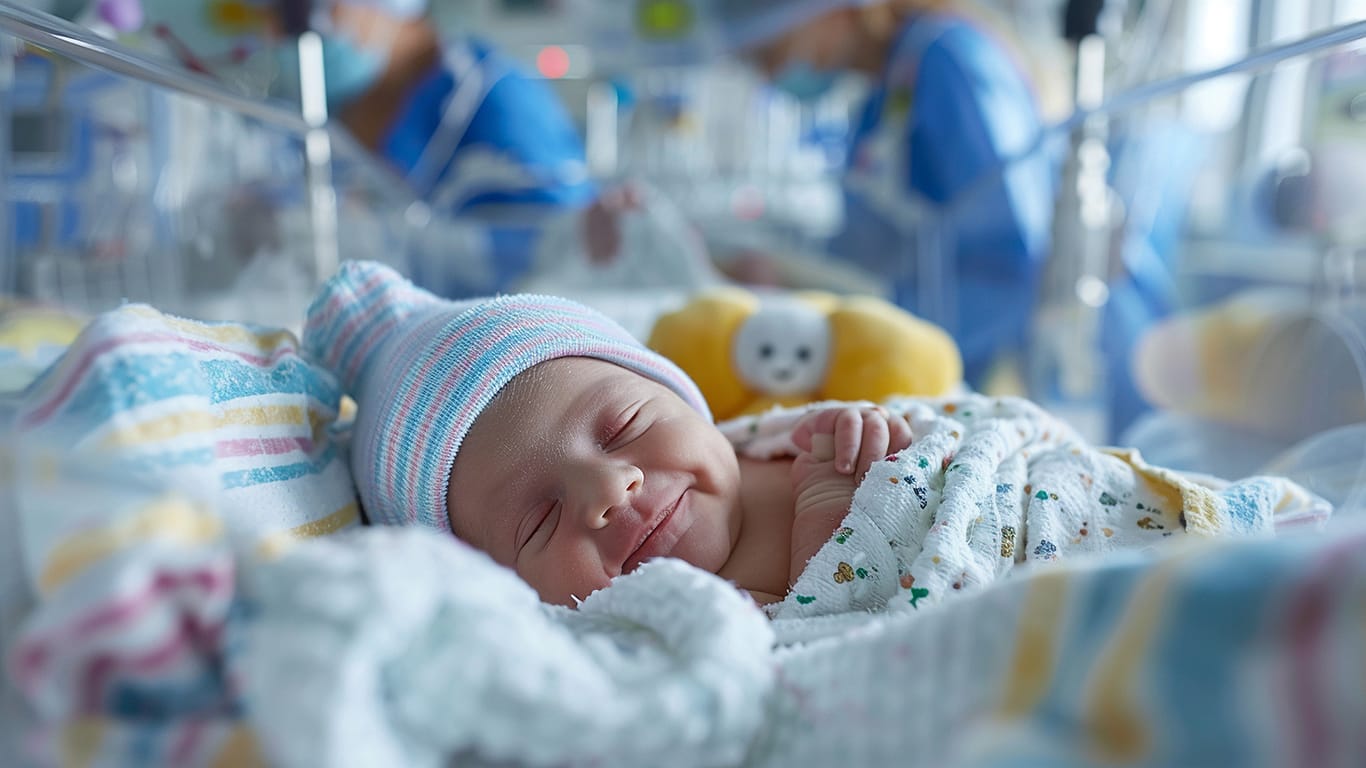 A newborn baby inside a NICU chamber of a birthing hospital.