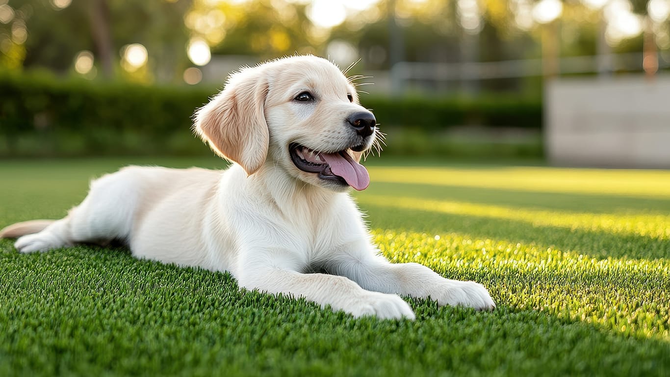 Golden Retriever puppy relaxes on artificial turf in a sunny backyard. Playful and joyful demeanor with tongue out creates a serene outdoor atmosphere.