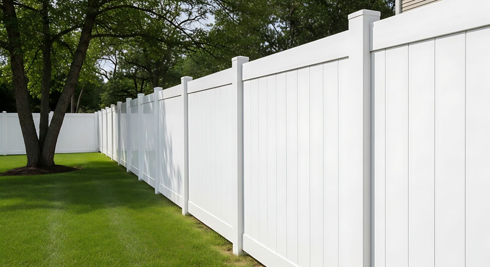 White vinyl fence in a backyard.