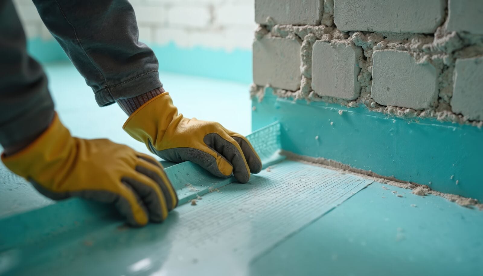 Builder applies waterproofing tape on bathroom floor. Worker installs sealing band at wall corner. Home renovation includes damp proofing, layer for wet areas.