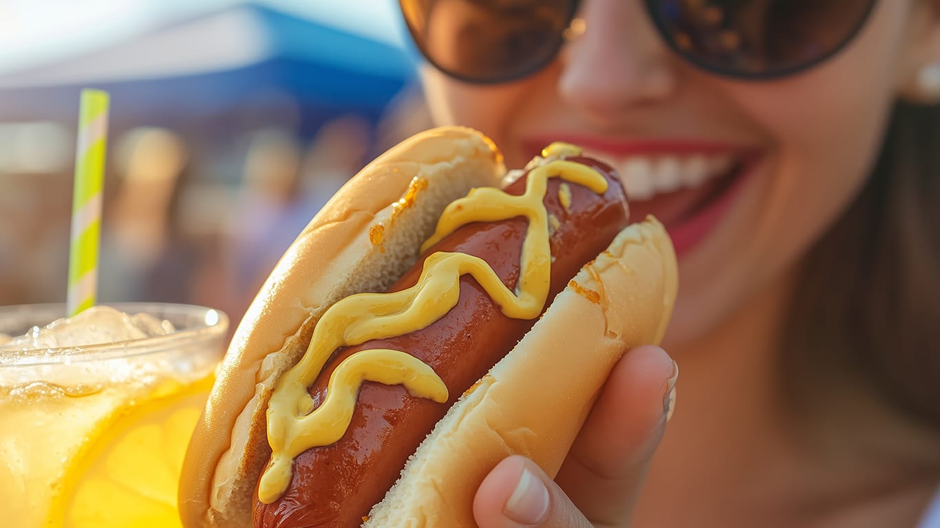 A woman smiles while holding a hot dog topped with mustard in one hand and a cool beverage in the other, surrounded by a lively festival atmosphere.