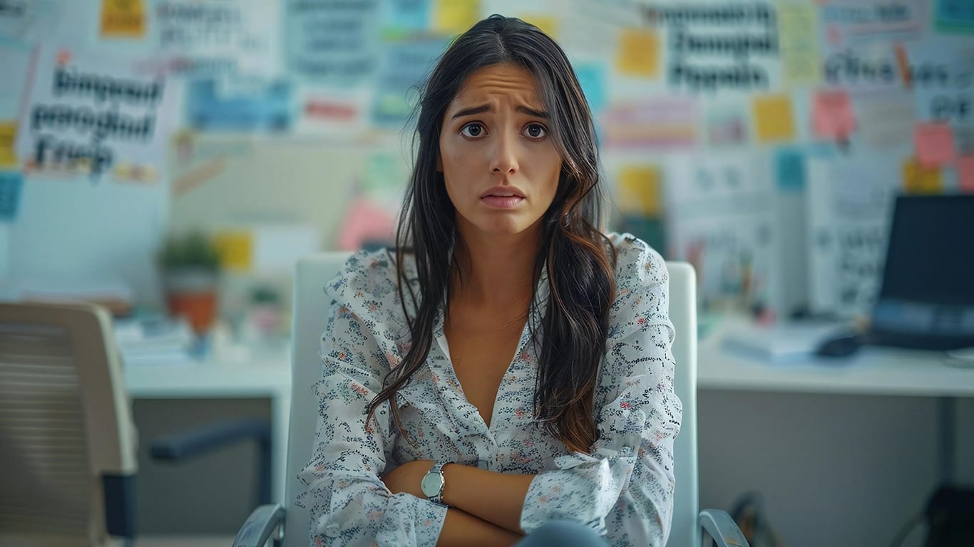 A woman sitting in a therapist's office with a distressed expression, surrounded by words like imposter, panic, depression, schizophrenia, and bipolar.