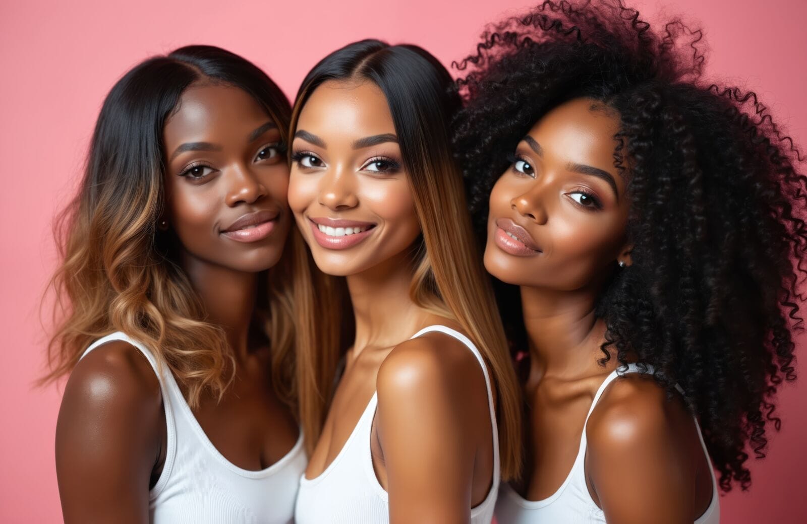 Three stunning African American women pose wear lace front wigs with different hair textures.
