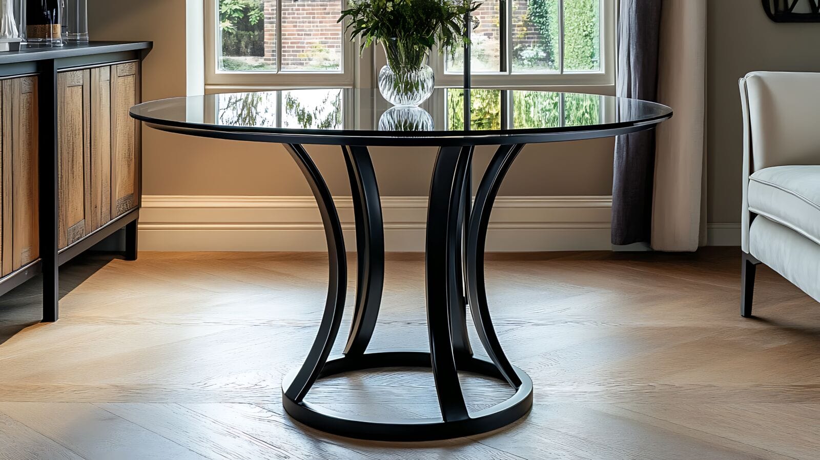 Round glass top table with black metal frame.