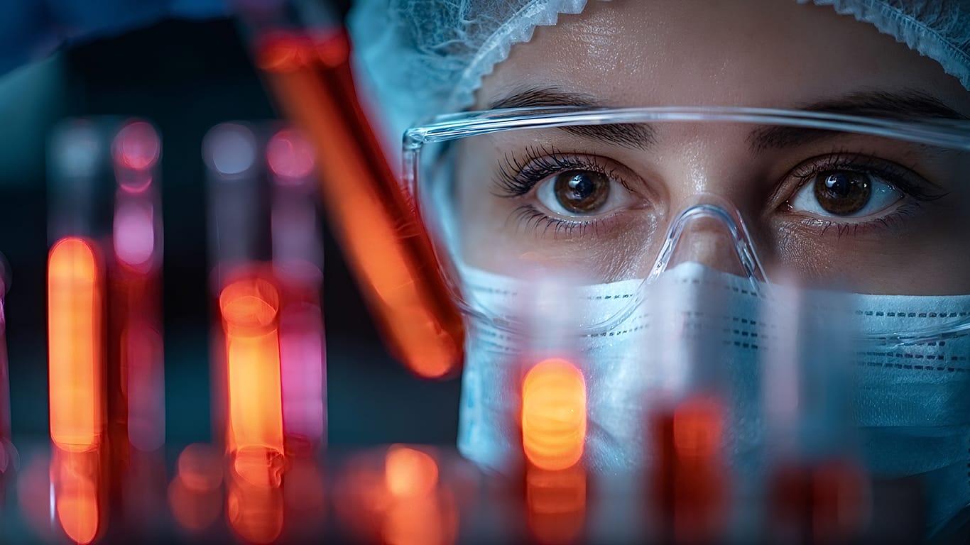 Scientist working with test tubes in a laboratory.