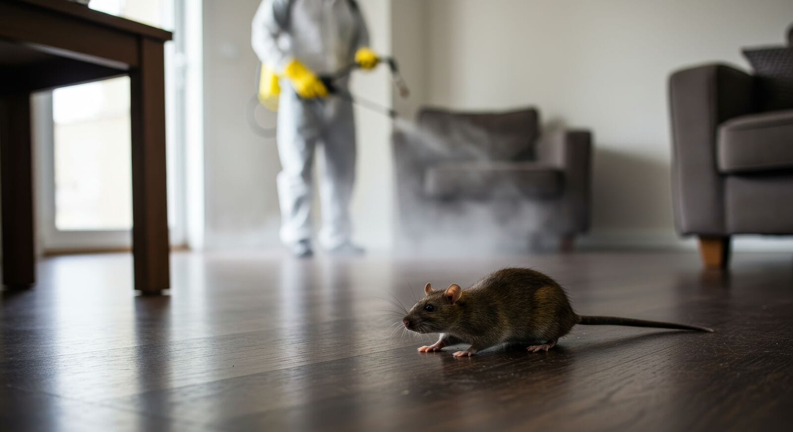 A rat in a home while pest control is being performed. Professional pest control in action.