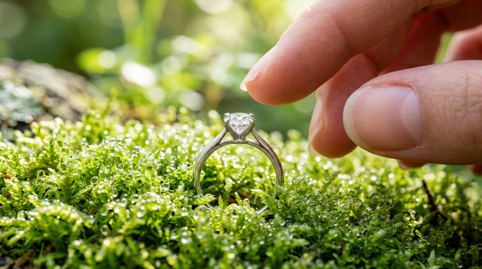 A macro shot of a diamond engagement ring standing upright on a bed of vibrant green moss covered in tiny water droplets. A person's finger is positioned just above the sparkling diamond, about to touch it. The background is a soft, sunlit green forest setting.