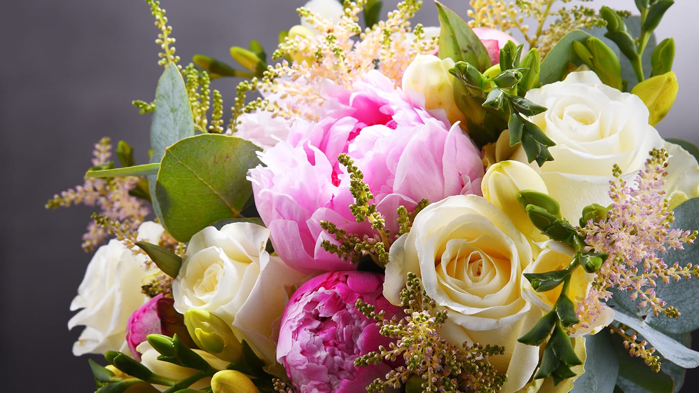 Composition with bouquet of freshly cut flowers.