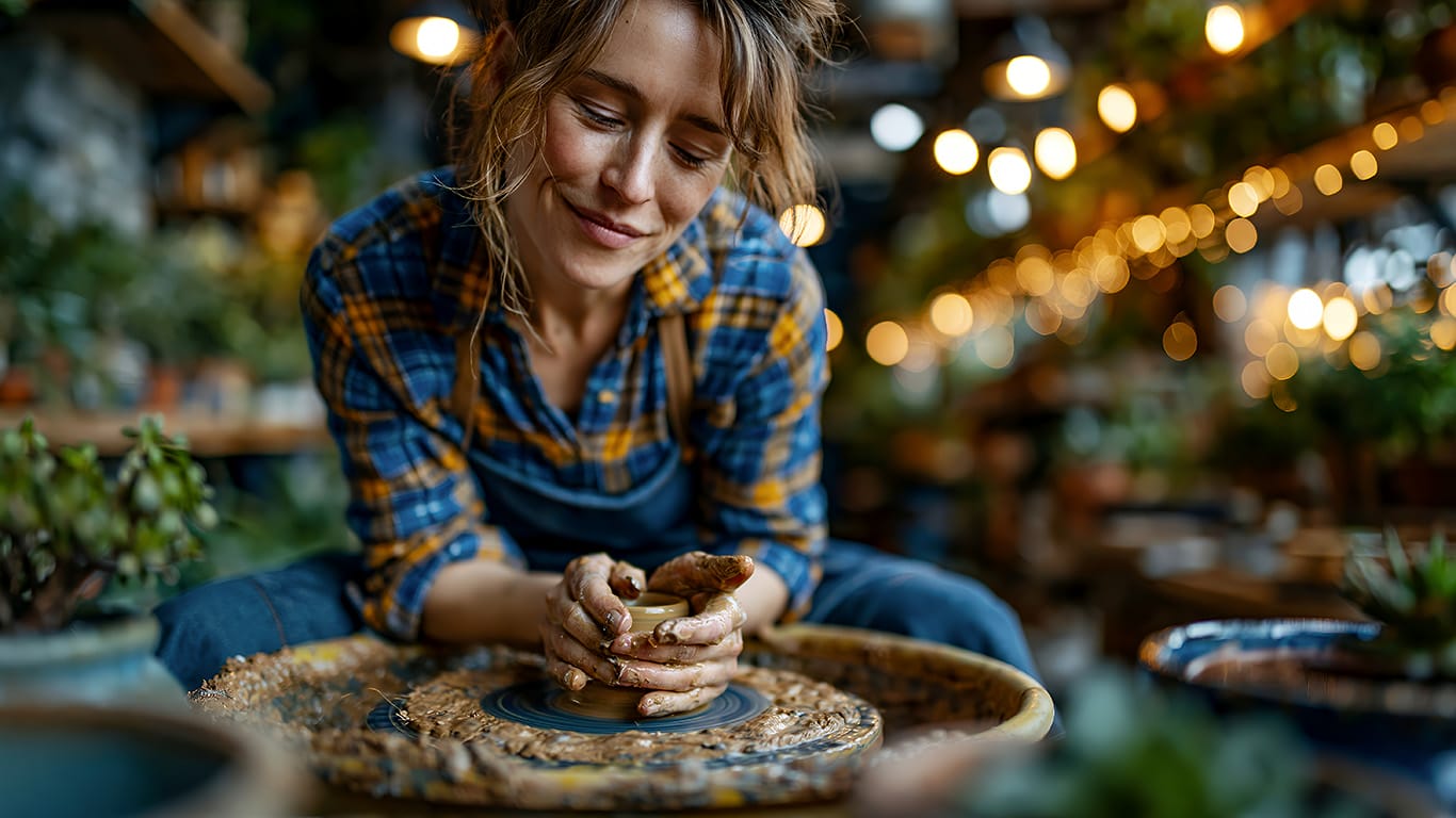 Handmade pottery process with young woman molding clay in a sunlit studio.