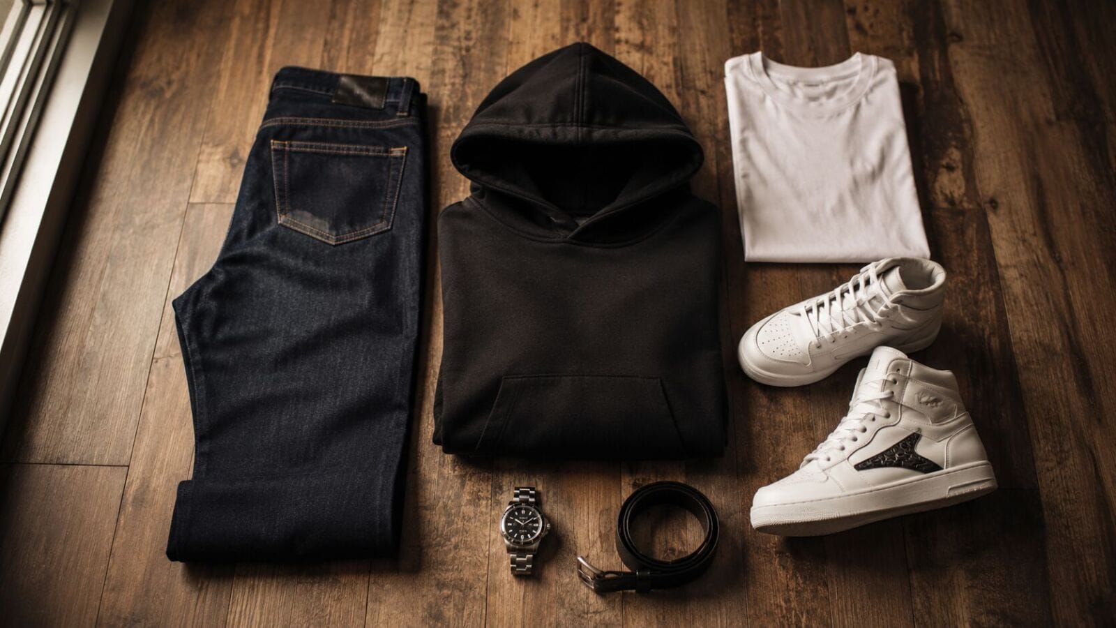 Streetwear outfit flat lay with black hoodie, monogram denim jeans, and white AMIRI sneakers on a wooden floor.