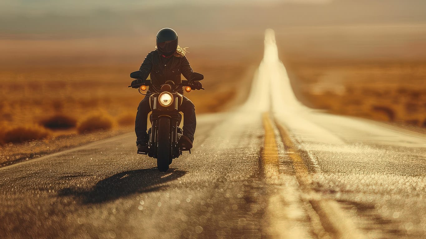 A motorcyclist rides through a scenic desert highway at sunset, with mountains in the background and a long road ahead.