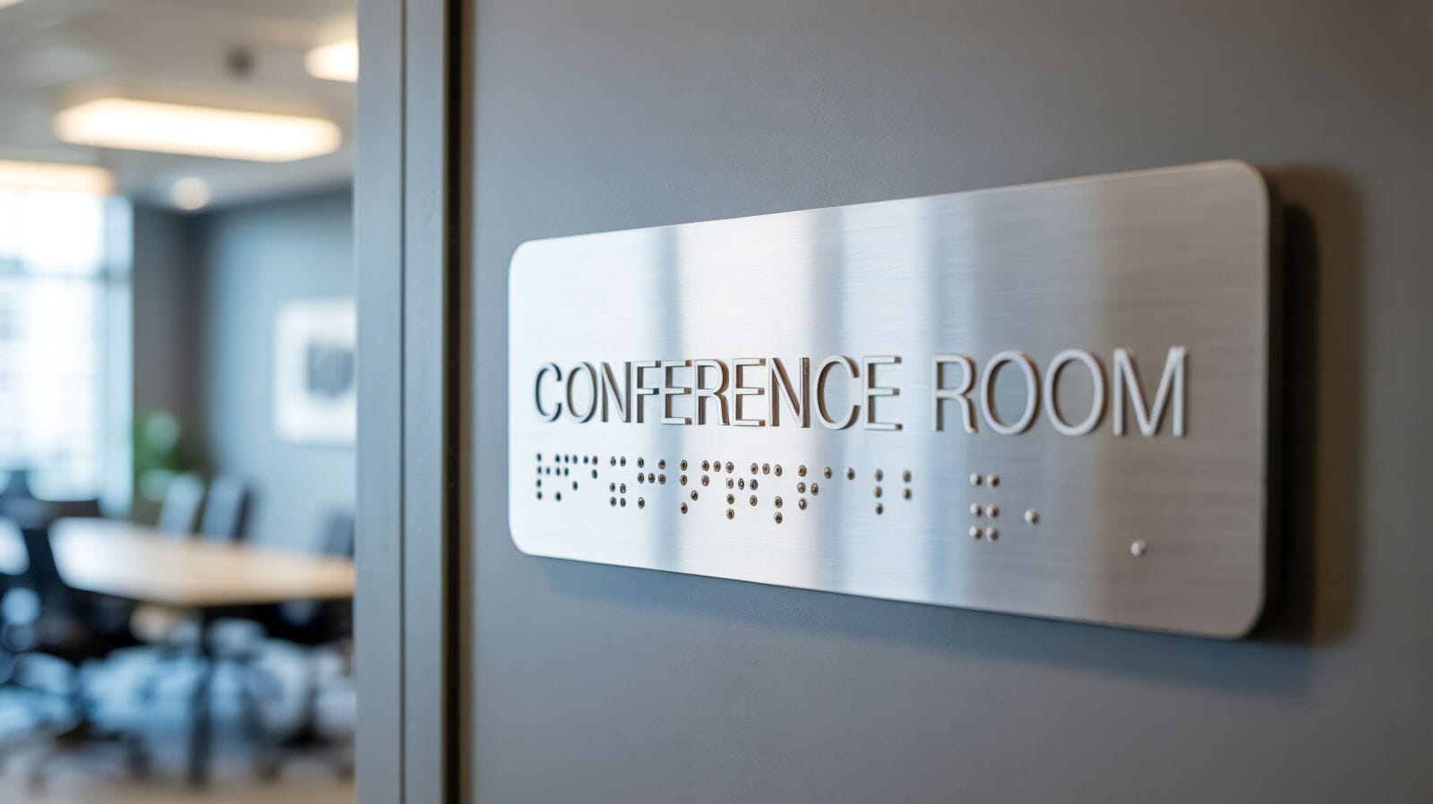 ADA meeting room sign with raised tactile lettering and Braille.