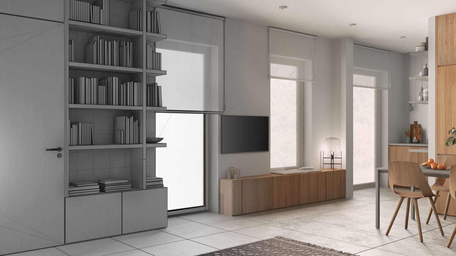 Architect interior designer concept: hand-drawn draft unfinished project that becomes real, living room , concrete tiles, bookshelf, cabinets with books, windows with roller blinds.