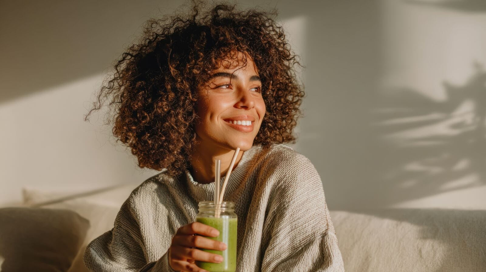 A smiling woman with curly hair relaxes at home, holding a green smoothie.