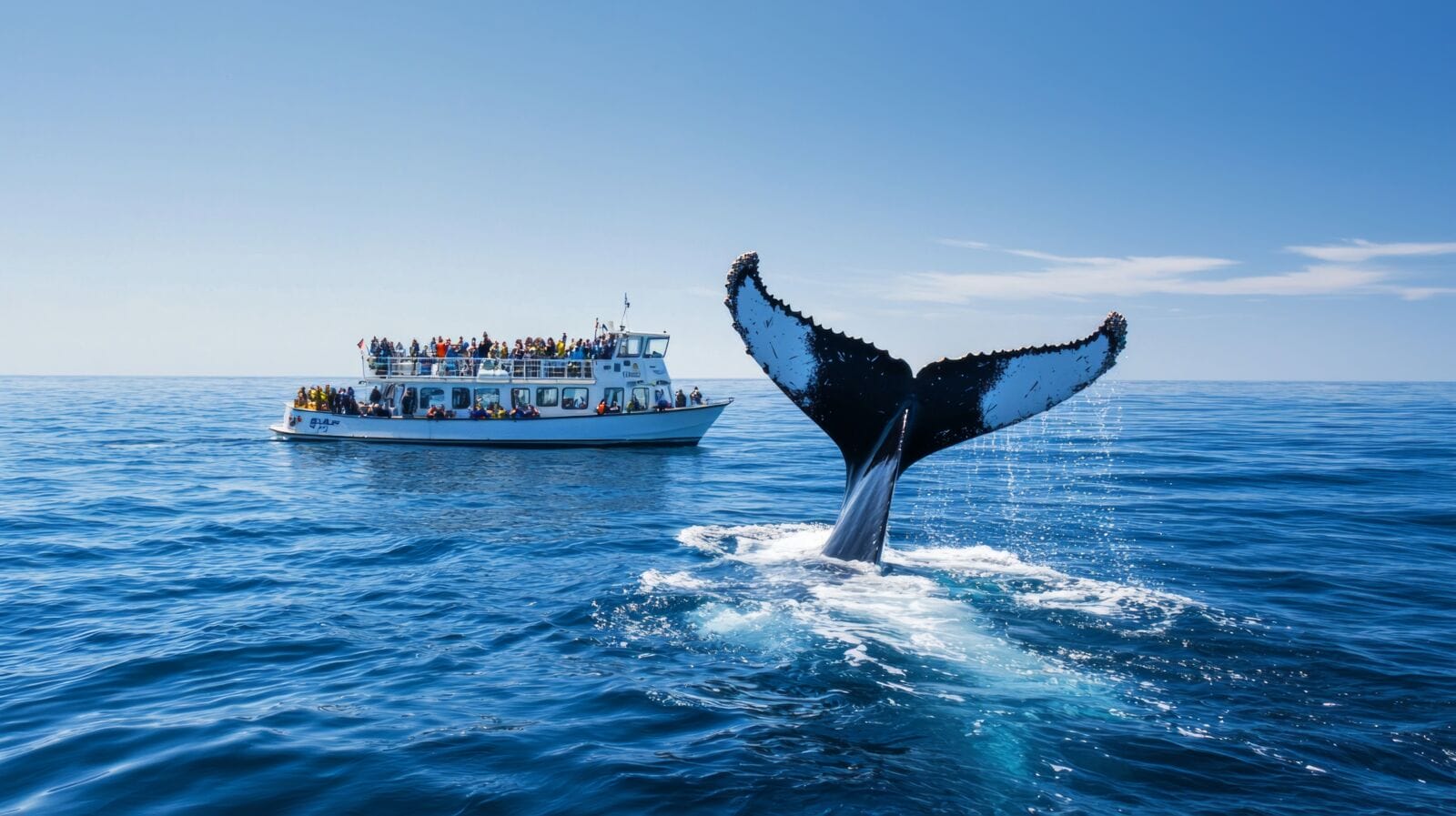 A majestic whale breaches the surface of the ocean, displaying its powerful tail as a crowded boat watches nearby. The sky is clear and bright, enhancing the beauty of the moment.
