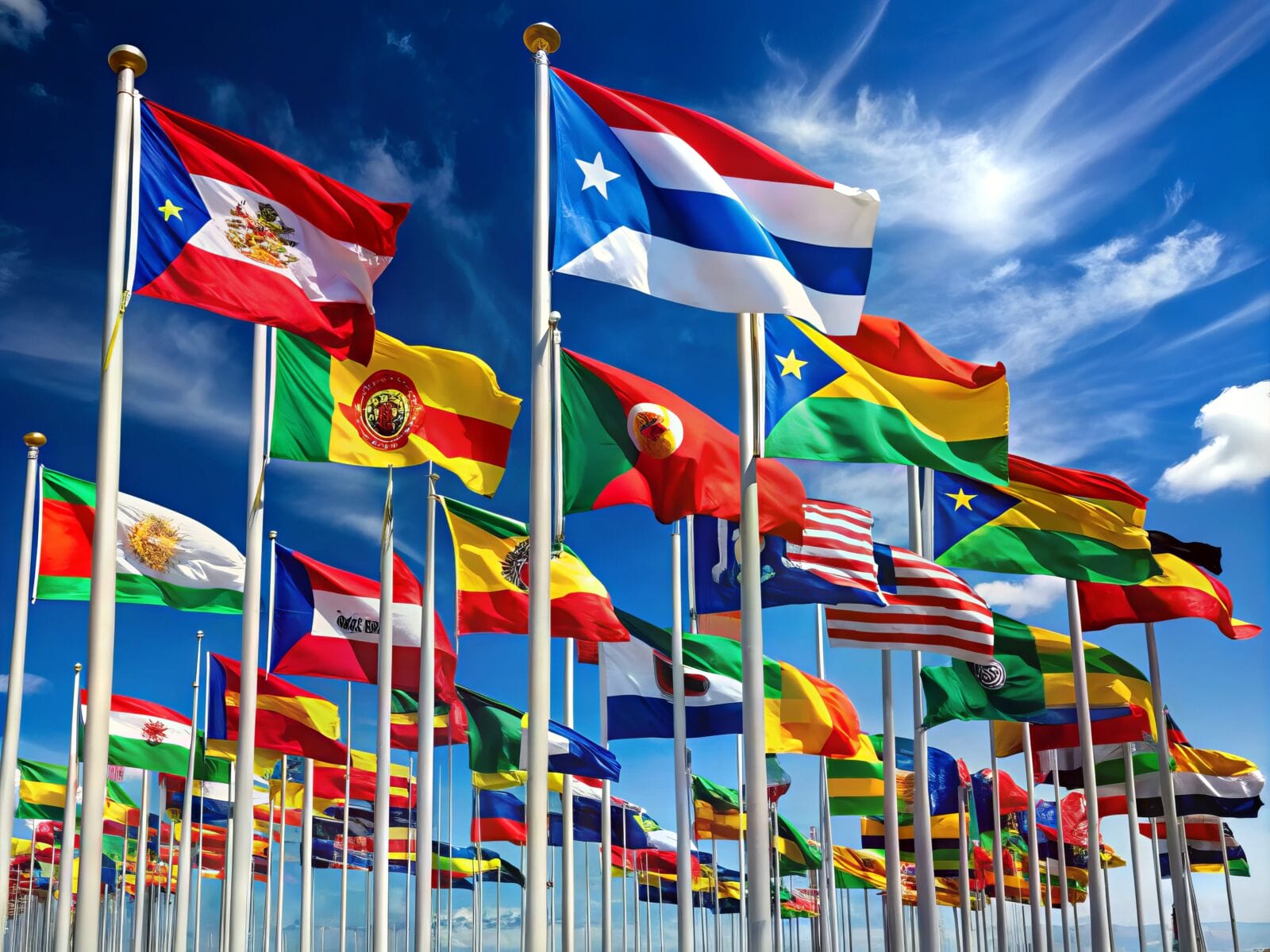 The image showcases a dynamic and colorful array of flags, including Latin American, American, international, state, pride, and historical flags.