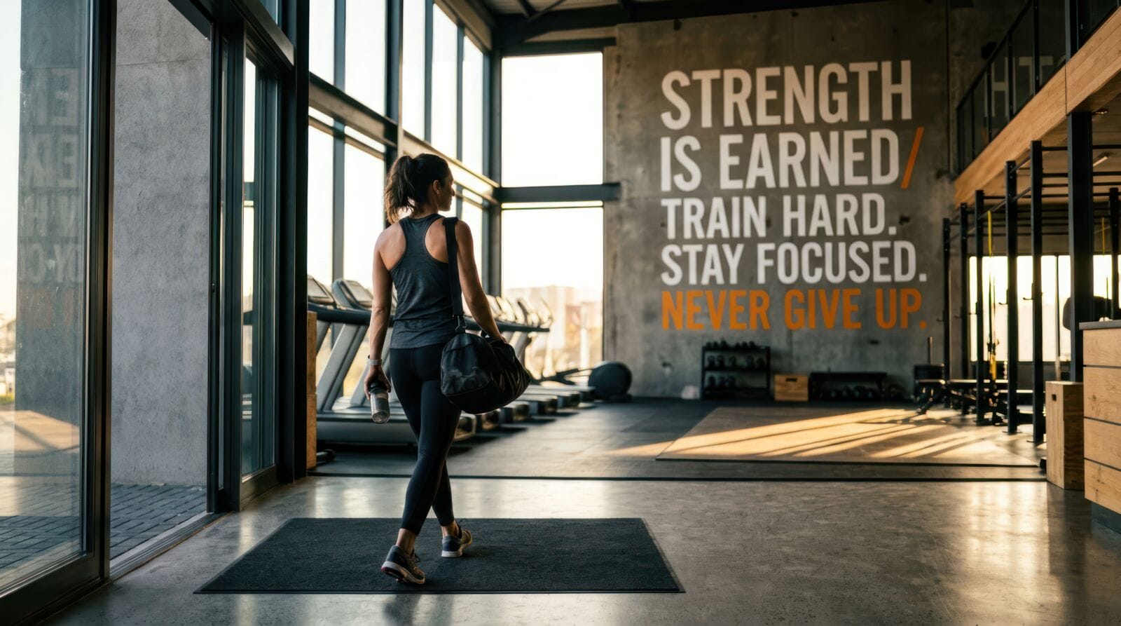 A woman walks into a bright, modern gym, ready for her workout. The wall features an inspiring quote about strength and focus.