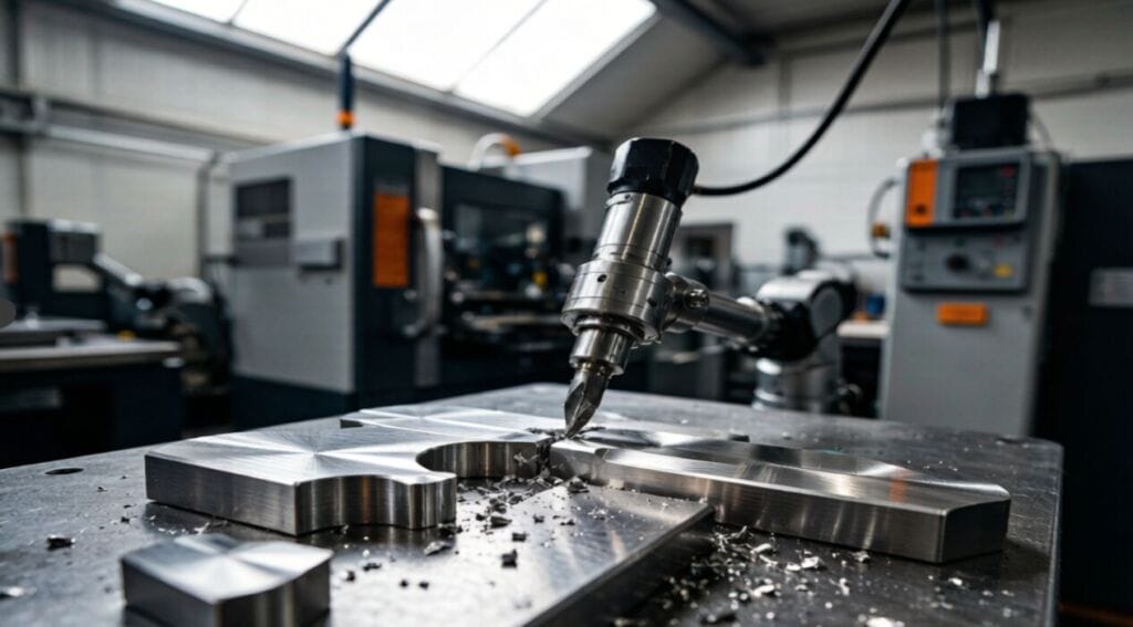 Coordinate Measuring Machine (CMM) is used for inspection of precision machined titanium part with automated monitoring of Statistical Process Control (SPC), resulting in reduced defect levels for worldwide OEM sourcing.

