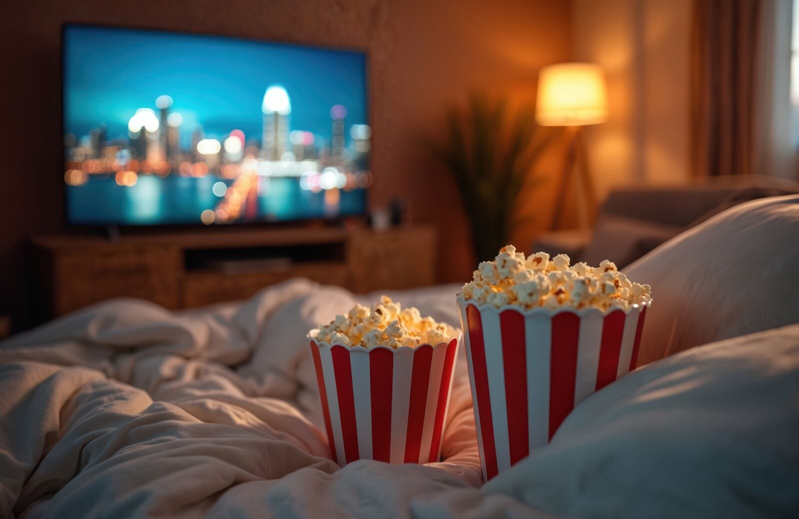 Two popcorn buckets rest on a soft bed with a TV displaying a city skyline in background. Warm ambient light fills, cozy living room. Evening movie night setup.