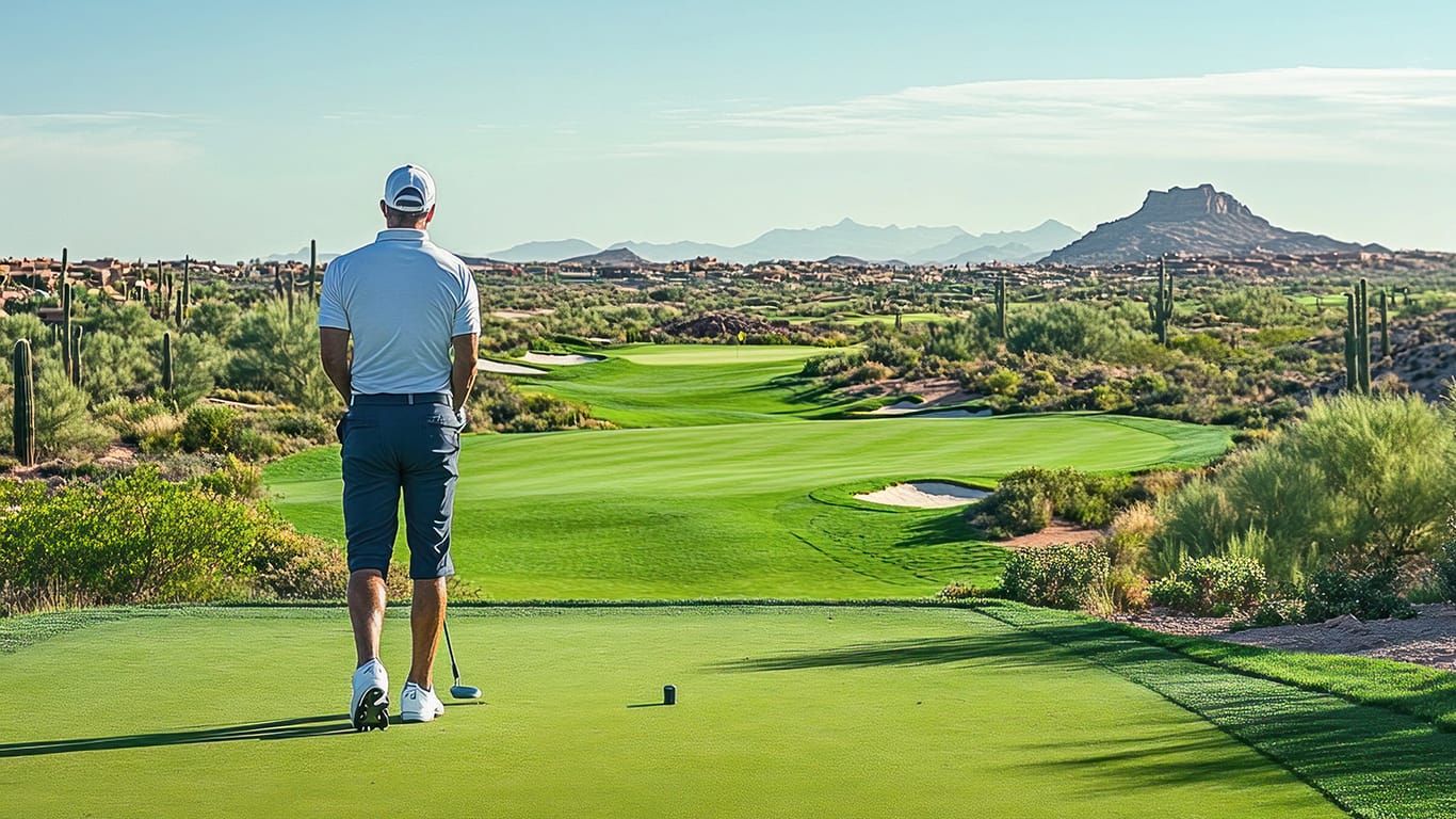 Golfer is standing on a tee box, contemplating his next shot on a beautifully maintained golf course