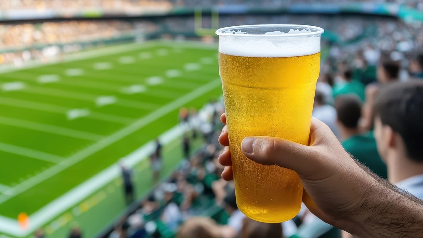 A sports fan's hand holding a cold beer in a plastic cup, condensation forming on the sides, as they watch a football game in a packed stadium, with the field blurred in the background.