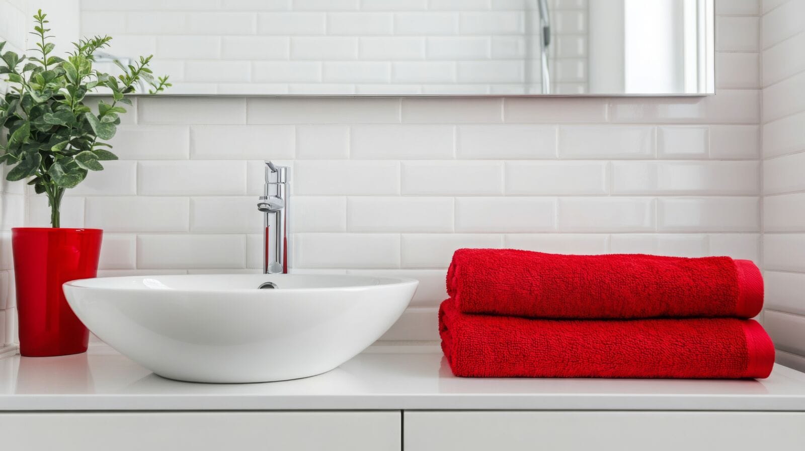 A stylish bathroom features a white sink with a sleek faucet and neatly stacked red towels nearby. A small green plant adds a fresh touch to the bright, clean countertop space.