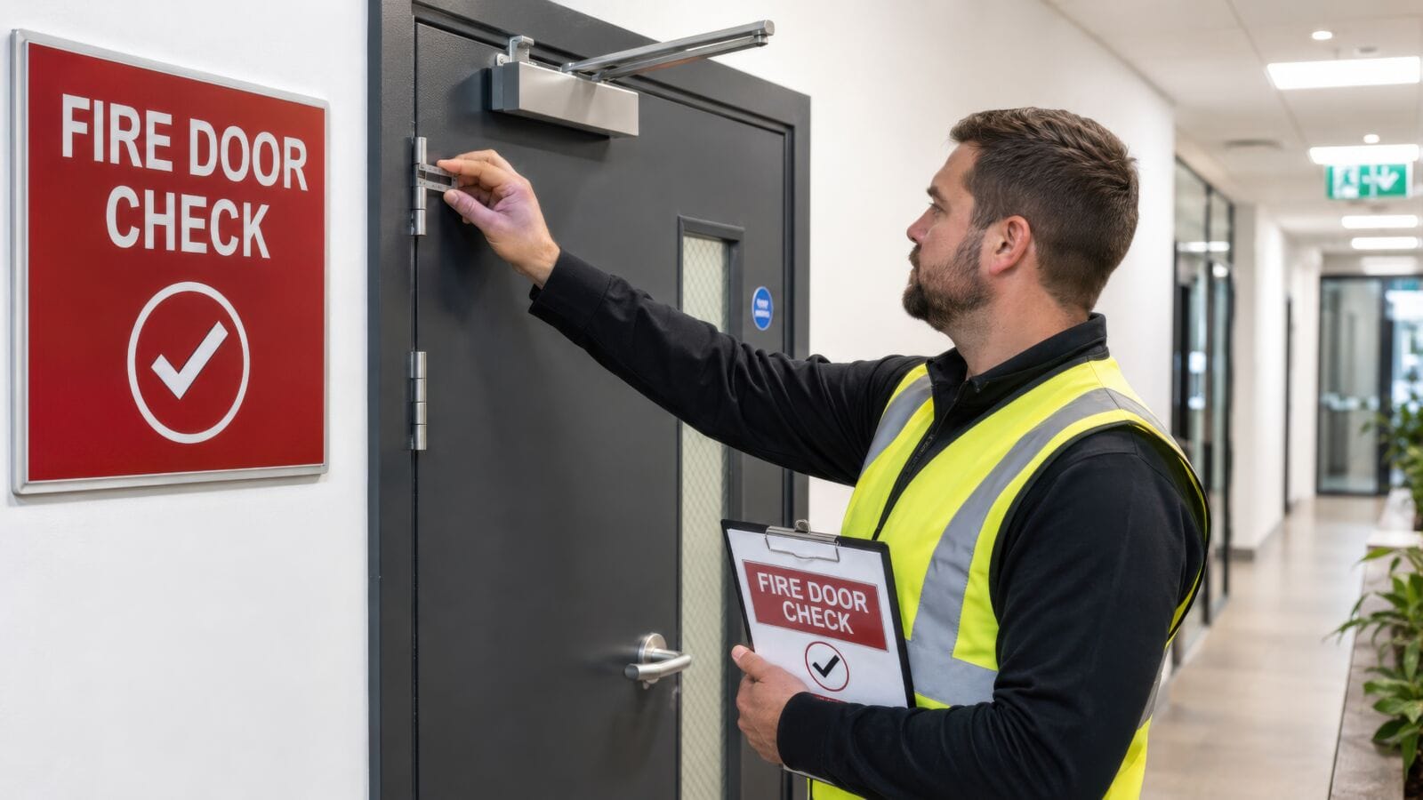 A worker in a safety vest stands by a fire door in an office hallway. He uses a clipboard and pen to check the fire door for safety compliance during a routine inspection.