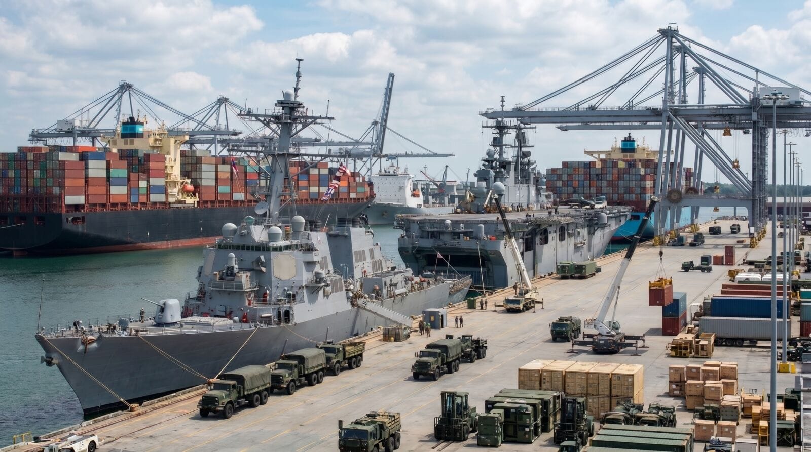 Naval ships are moored at a bustling port, surrounded by cargo vessels and shipping containers, with military trucks and equipment on the dock.