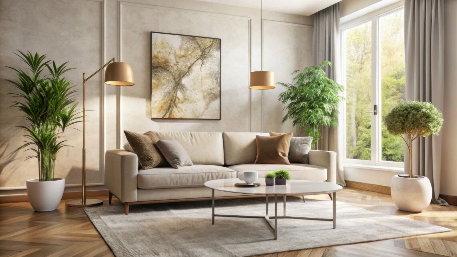 Bright and inviting modern living room showcasing elegant decor. Features a cozy sofa, stylish coffee table, and lush indoor plants, all bathed in natural light.