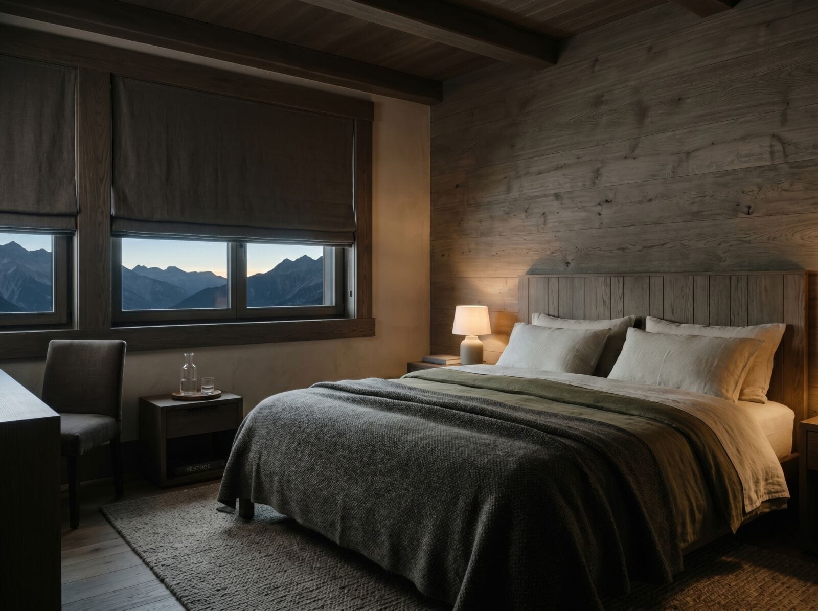 Serene alpine lodging interior with layered wool bedding, muted timber walls, and tailored blackout shades.