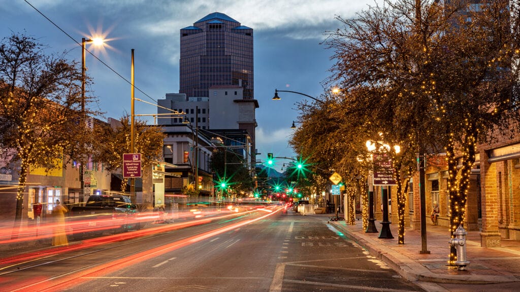 Congress Street at dusk in downtown Tucson.