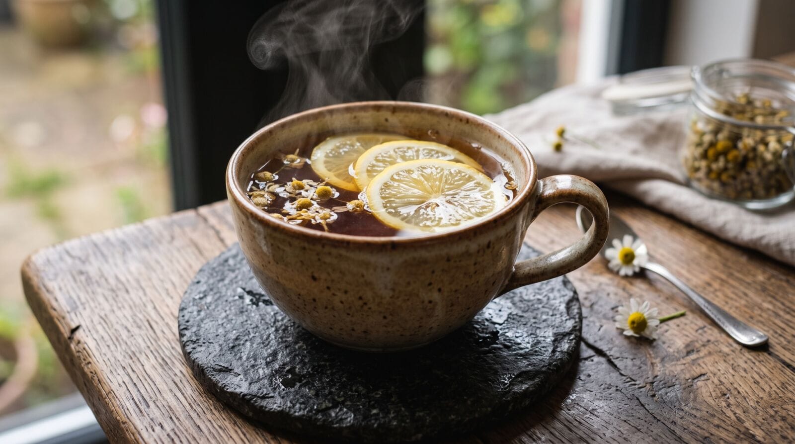 Hot herbal chamomile tea with lemon slices on a dark stone coaster, a soothing natural light beverage.