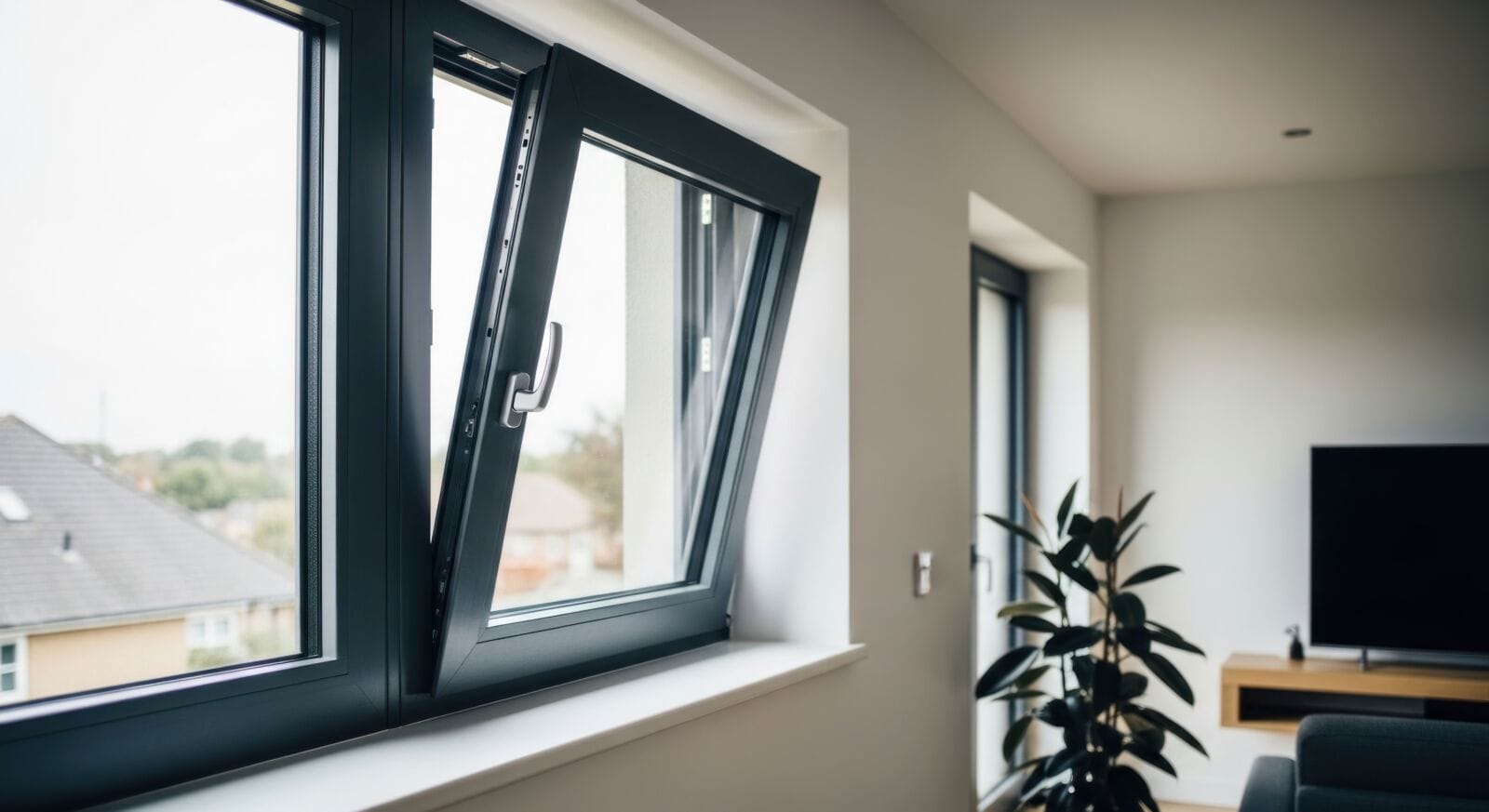 A contemporary living space featuring a dark-framed tilt-and-turn window, partially open to reveal a glimpse of the outside world.