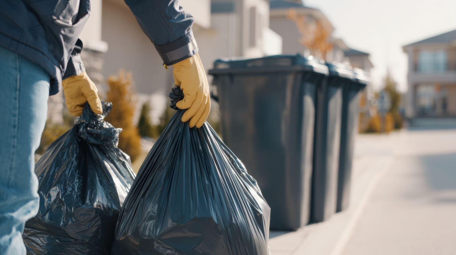 Worker carrying black rubbish bags toward outdoor waste bins in residential area. Household garbage collection, sanitation service, cleanup and waste management concept.